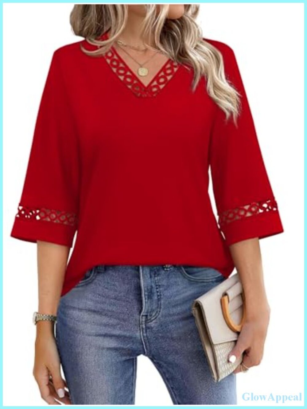 Womens Eyelet Lace V Neck 3/4 Bell Sleeve Blouse Dressy Casual Work Top